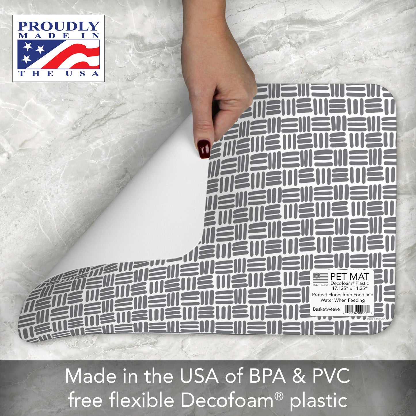 CounterArt Faux Basket Weave Easy Care Waterproof Pet Feeding Mat 17.13” x 11.25” Made in The USA of BPA Free Plastic, Safe for Pets, Protects Floors from Scratches Stains & Spills