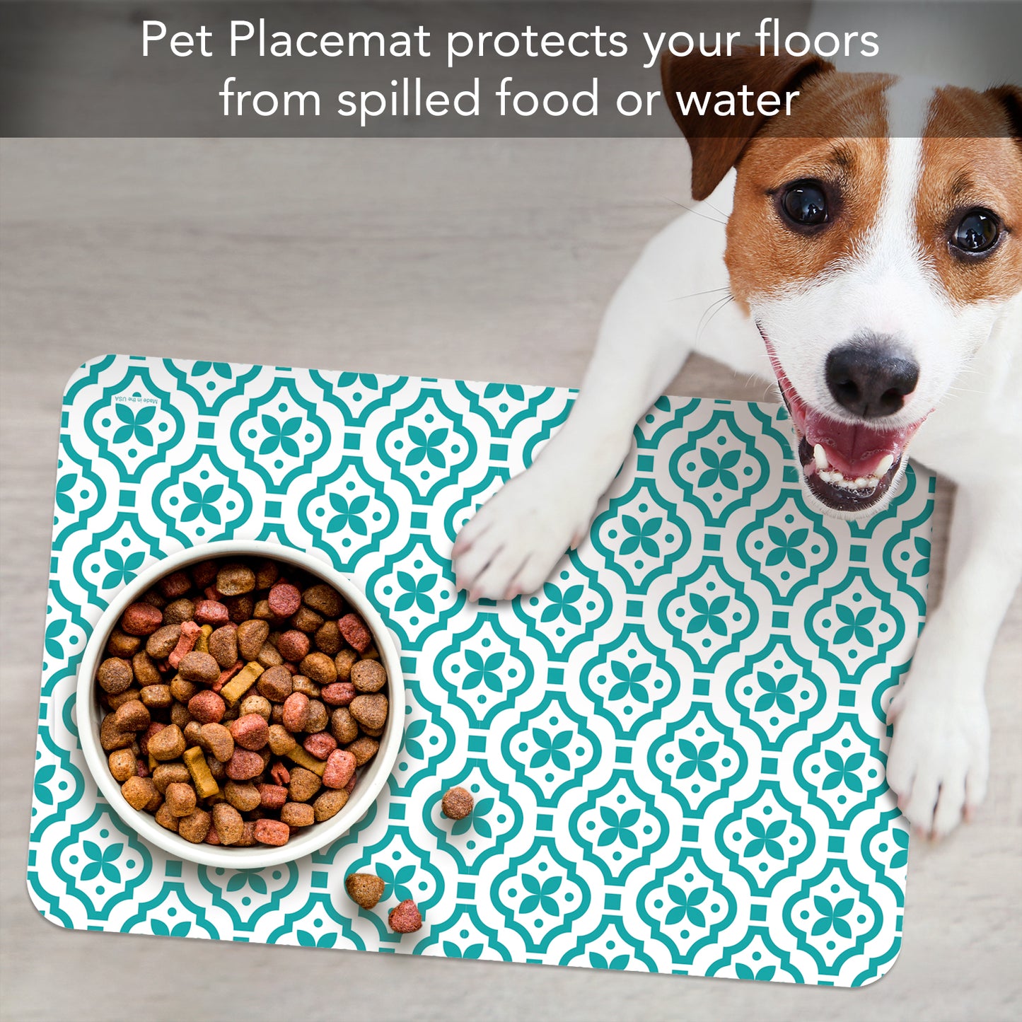 CounterArt Fleur Easy Easy Care Waterproof Pet Feeding Mat 17.13” x 11.25” Made in The USA of BPA Free Plastic, Safe for Pets, Protects Floors from Scratches Stains & Spills