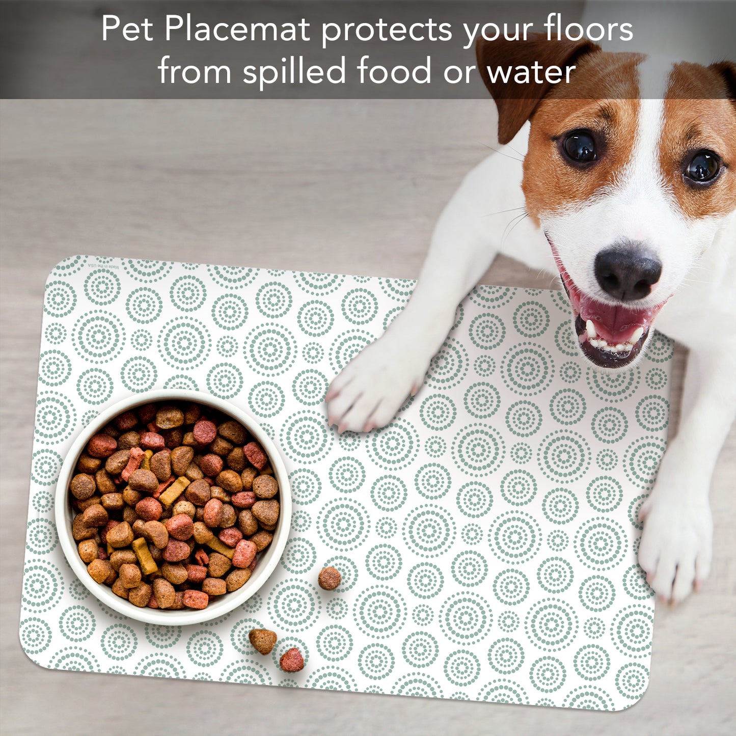 CounterArt Dots & Circles Easy Care Waterproof Pet Feeding Mat 17.13” x 11.25” Made in The USA of BPA Free Plastic, Safe for Pets, Protects Floors from Scratches Stains & Spills