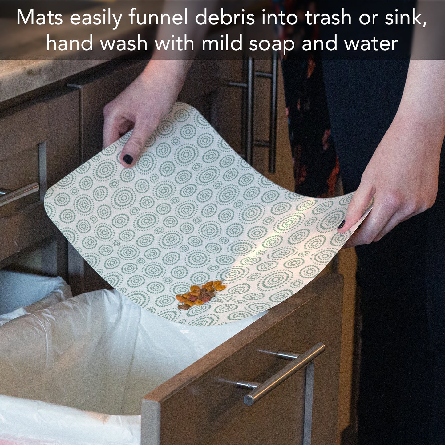 CounterArt Dots & Circles Easy Care Waterproof Pet Feeding Mat 17.13” x 11.25” Made in The USA of BPA Free Plastic, Safe for Pets, Protects Floors from Scratches Stains & Spills