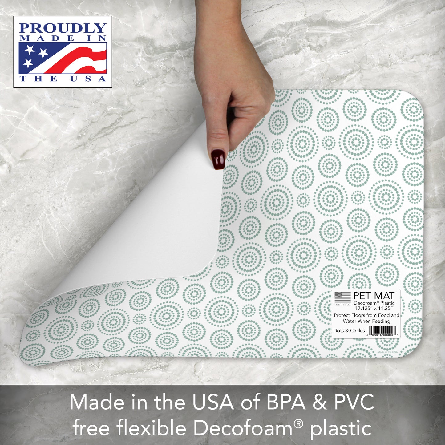 CounterArt Dots & Circles Easy Care Waterproof Pet Feeding Mat 17.13” x 11.25” Made in The USA of BPA Free Plastic, Safe for Pets, Protects Floors from Scratches Stains & Spills
