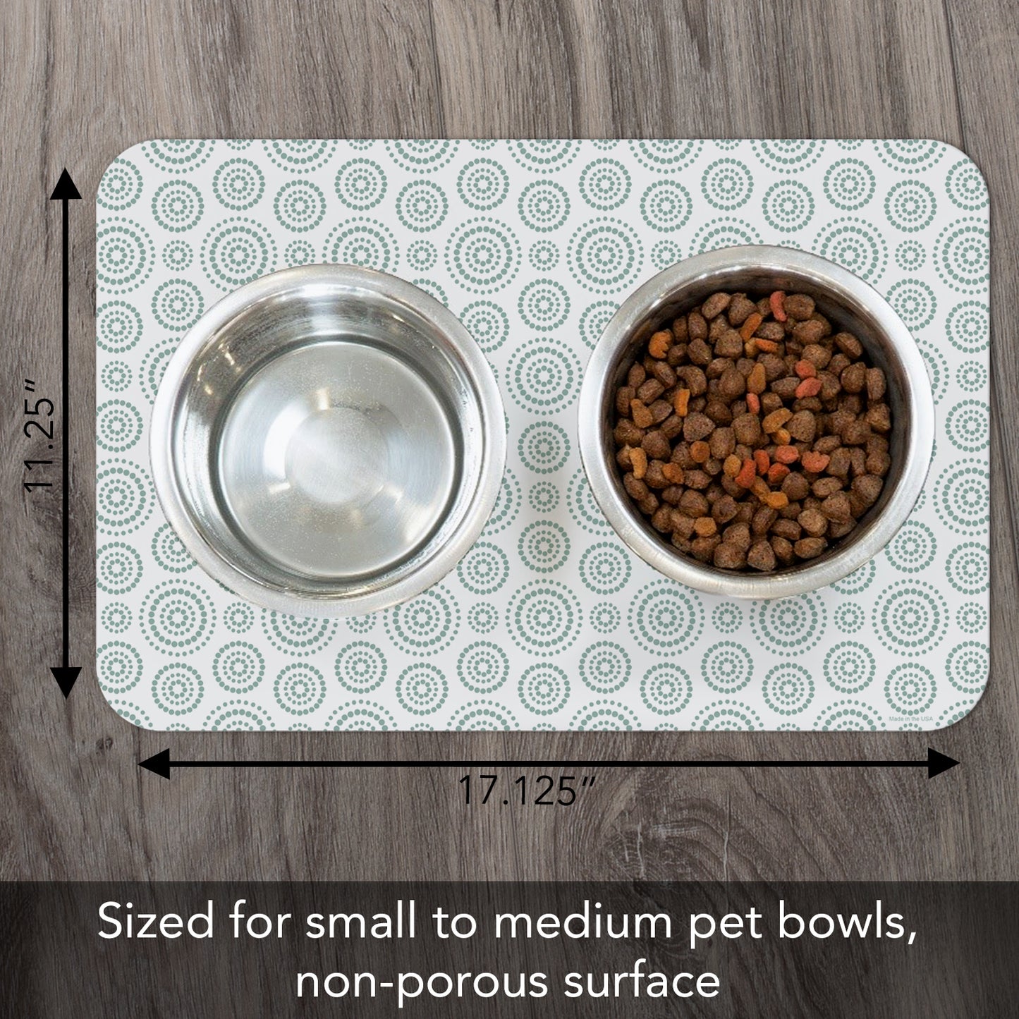 CounterArt Dots & Circles Easy Care Waterproof Pet Feeding Mat 17.13” x 11.25” Made in The USA of BPA Free Plastic, Safe for Pets, Protects Floors from Scratches Stains & Spills