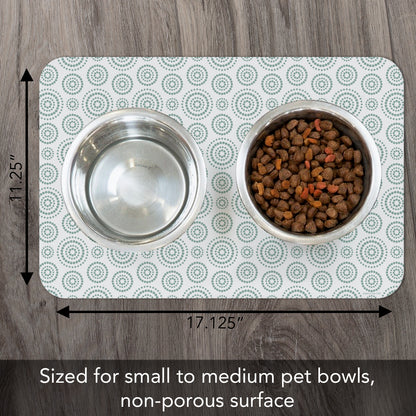 CounterArt Dots & Circles Easy Care Waterproof Pet Feeding Mat 17.13” x 11.25” Made in The USA of BPA Free Plastic, Safe for Pets, Protects Floors from Scratches Stains & Spills