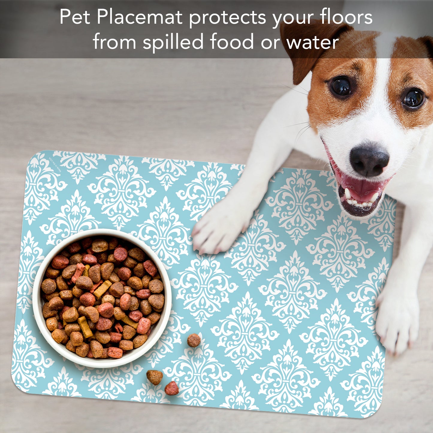 CounterArt Damask Easy Care Waterproof Pet Feeding Mat 17.13” x 11.25” Made in The USA of BPA Free Plastic, Safe for Pets, Protects Floors from Scratches Stains & Spills