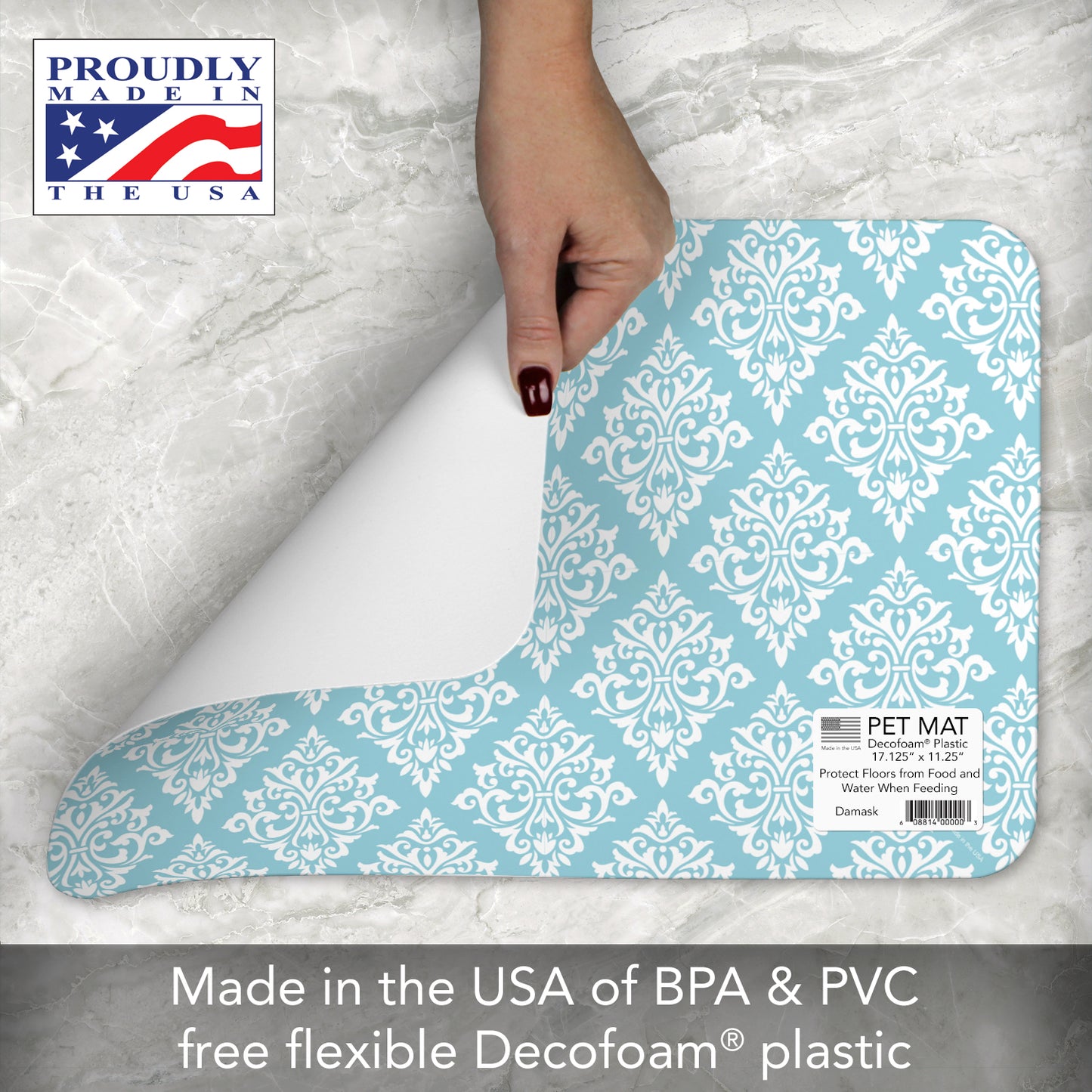 CounterArt Damask Easy Care Waterproof Pet Feeding Mat 17.13” x 11.25” Made in The USA of BPA Free Plastic, Safe for Pets, Protects Floors from Scratches Stains & Spills