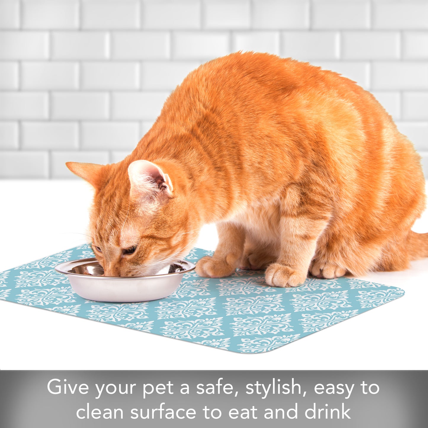CounterArt Damask Easy Care Waterproof Pet Feeding Mat 17.13” x 11.25” Made in The USA of BPA Free Plastic, Safe for Pets, Protects Floors from Scratches Stains & Spills