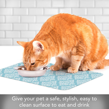 CounterArt Damask Easy Care Waterproof Pet Feeding Mat 17.13” x 11.25” Made in The USA of BPA Free Plastic, Safe for Pets, Protects Floors from Scratches Stains & Spills