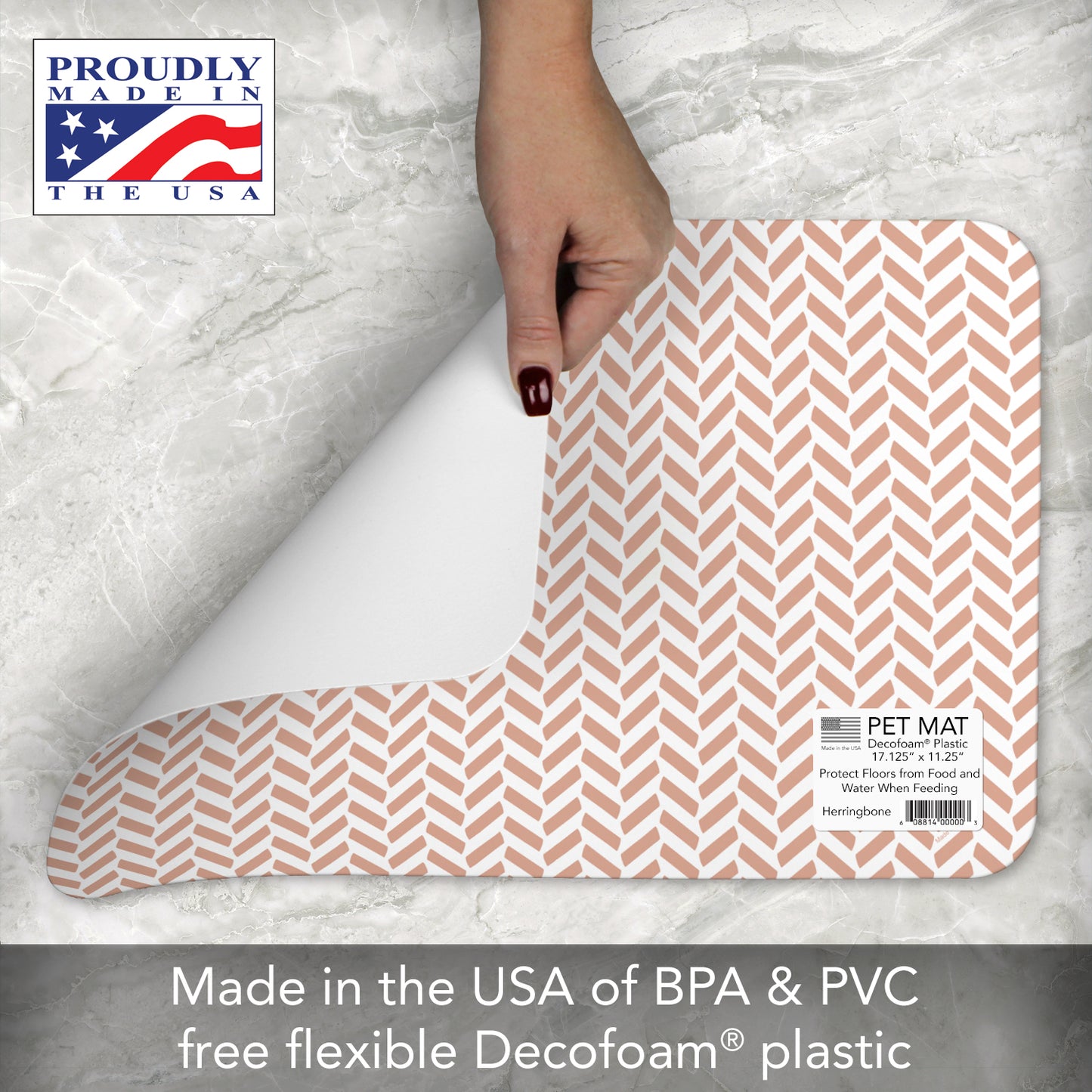 CounterArt Herringbone Easy Care Waterproof Pet Feeding Mat 17.13” x 11.25” Made in The USA of BPA Free Plastic, Safe for Pets, Protects Floors from Scratches Stains & Spills