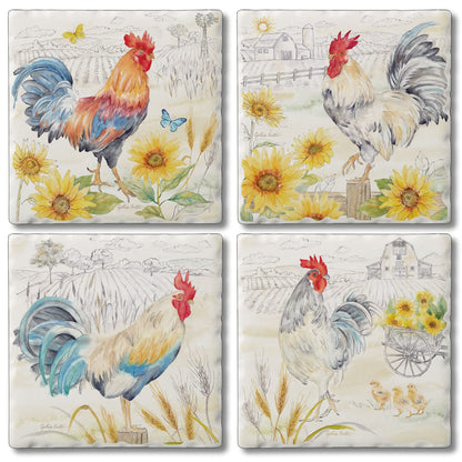 Thirstystone Rise & Shine Roosters 4 Pack Assorted Tumbled Tile Stone Coasters 4" Square