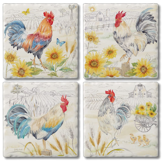 Thirstystone Rise & Shine Roosters 4 Pack Assorted Tumbled Tile Stone Coasters 4" Square