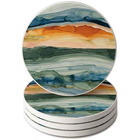 Thirstystone Watercolor Sunrise 4 Pack Round Absorbent Stone Coasters 4" Diameter Manufactured in the USA
