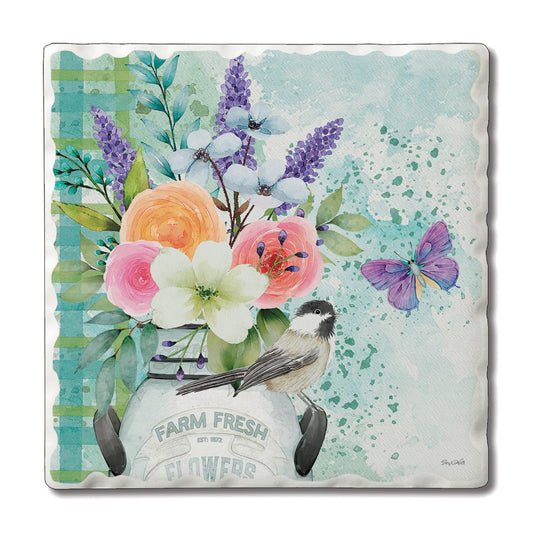 Thirstystone Farm Fresh Flowers Single Tumbled Tile Stone Coaster with Protective Cork Backing Manufactured in The USA 4" Square