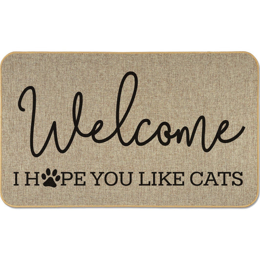 Counterart Welcome Hope You Like Cats Decorative Indoor/Outdoor Natural Linen Look Floor Mat with Recycled Rubber Back Manufactured in The USA 29.5” x 17.75”