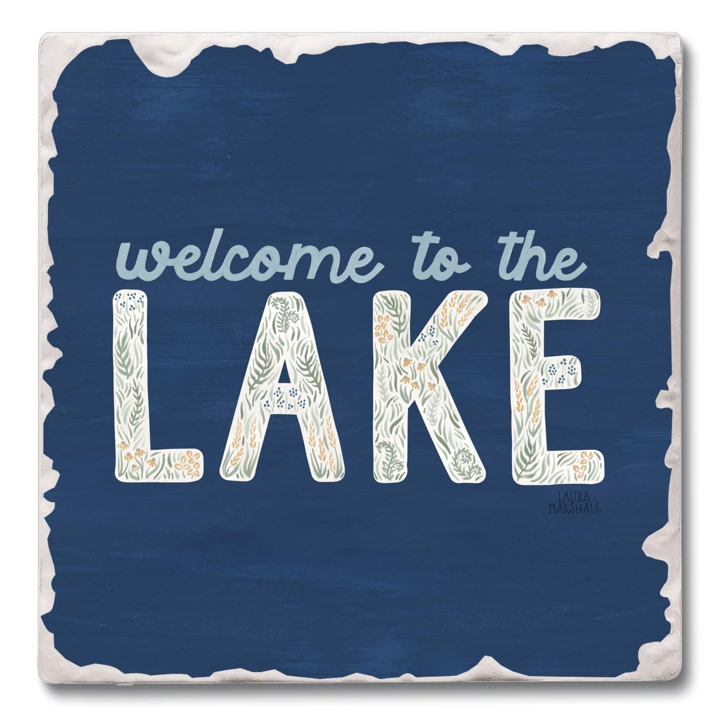 Thirstystone Lakeside Welcome Single Tumbled Tile Stone Coaster with Protective Cork Backing Manufactured in The USA 4" Square