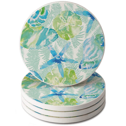 Thirstystone Isla Mona Sea Life 4 Pack Round Absorbent Stone Coasters 4" Diameter Manufactured in the USA