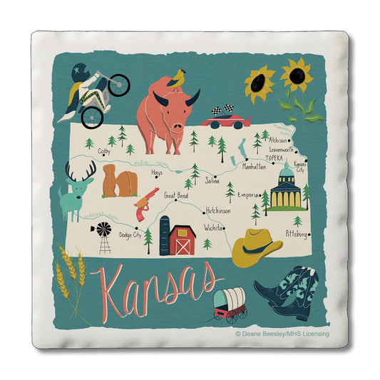 Thirstystone Kansas Home State 4 Pack Tumbled Tile Stone Coasters 4" Square Manufactured in the USA