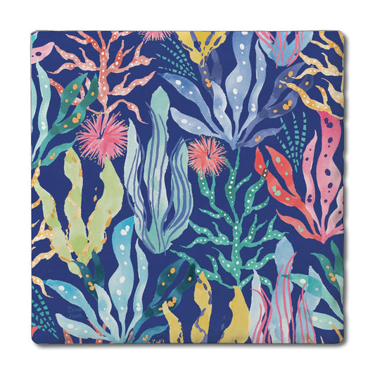 Thirstystone Coral Collection on Blue Single Tumbled Tile Stone Coaster with Protective Cork Backing Manufactured in The USA 4" Square, Colorful, Artistiic, Easily Wipes Clean