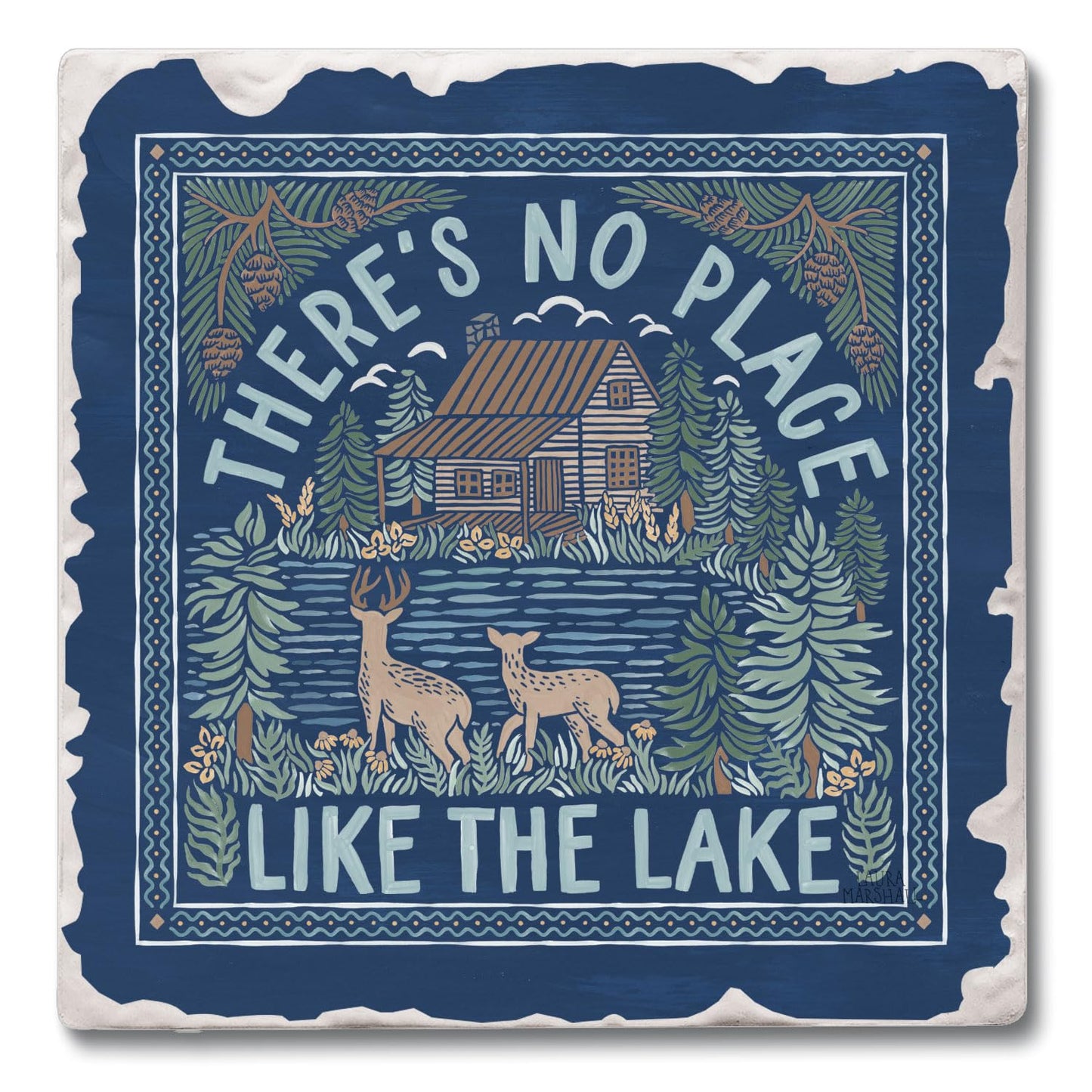 Thirstystone Lake Place Single Tumbled Tile Stone Coaster with Protective Cork Backing Manufactured in The USA 4" Square
