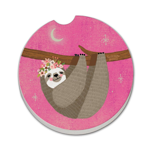 Thirstystone Pink Sloth Single Absorbent Stone Coaster for Vehicle Cup Holder 2.6” Diameter Manufactured in The USA