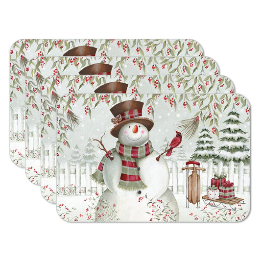 CounterArt Brown Hat Snowman 4 Pack Reversible Easy Care Placemats Made in the USA