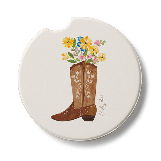 Thirstystone Cowgirl Boot Single Absorbent Stone Coaster for Vehicle Cup Holder 2.6” Diameter Manufactured in The USA