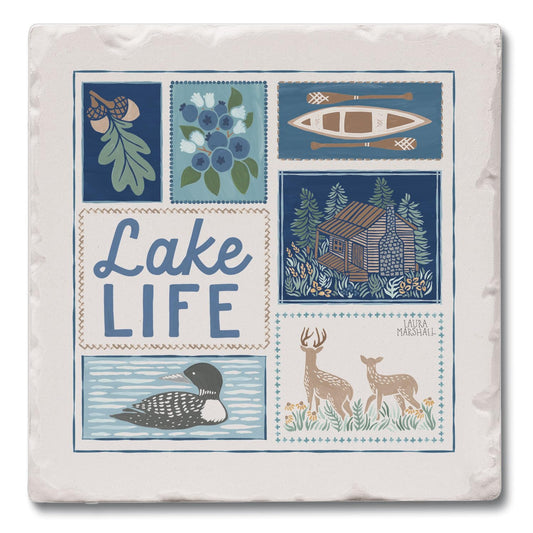 Thirstystone Lake Life Single Tumbled Tile Stone Coaster with Protective Cork Backing Manufactured in The USA 4" Square