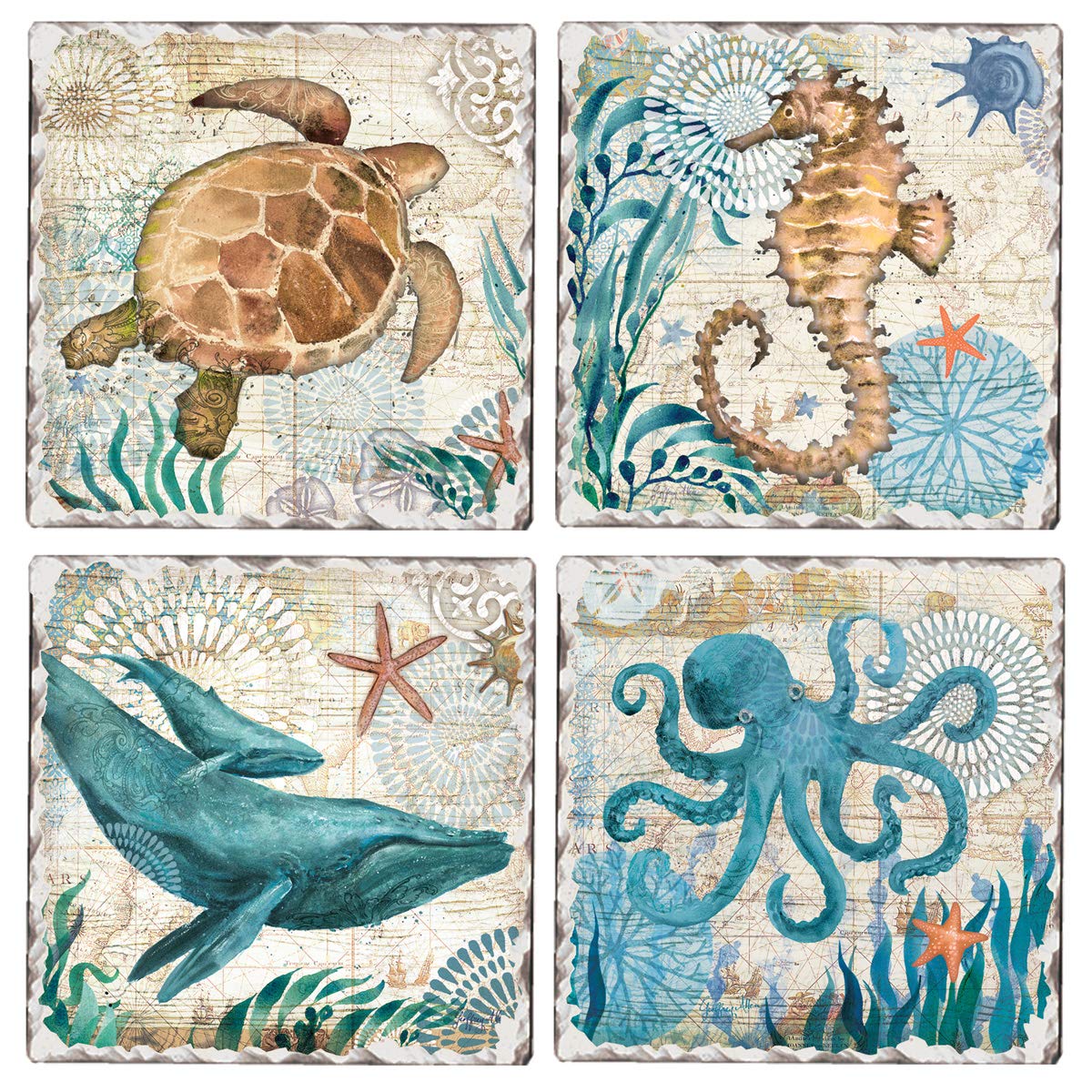 Thirstystone Monterey Bay 4 Pack Assorted Tumbled Tile Stone Coasters 4" Square