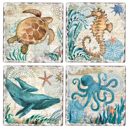 Thirstystone Monterey Bay 4 Pack Assorted Tumbled Tile Stone Coasters 4" Square