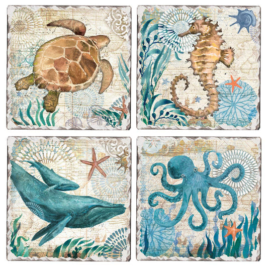 Thirstystone Monterey Bay 4 Pack Assorted Tumbled Tile Stone Coasters 4" Square