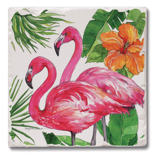 Thirstystone Tropical Flamingo Pair 4 Pack Tumbled Tile Stone Coasters 4" Square Manufactured in the USA