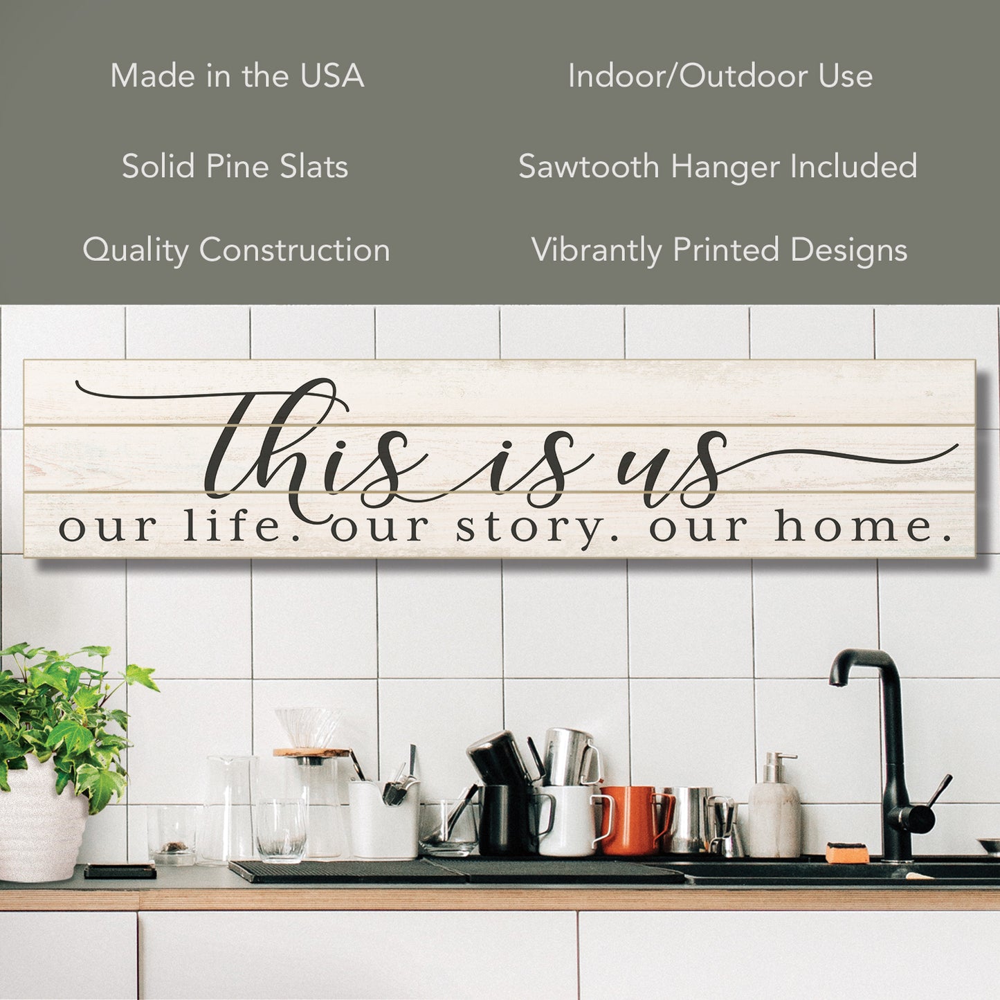 Highland Home "This Is Us Our Life Our Story Our Home" Decorative Indoor/Outdoor Pallet Wood Sign 36" by 7.5" Made in the USA