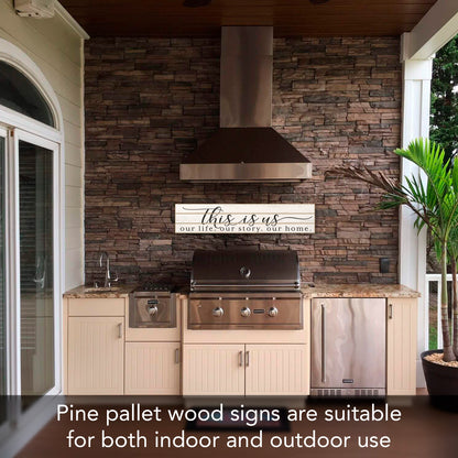 Highland Home "This Is Us Our Life Our Story Our Home" Decorative Indoor/Outdoor Pallet Wood Sign 36" by 7.5" Made in the USA