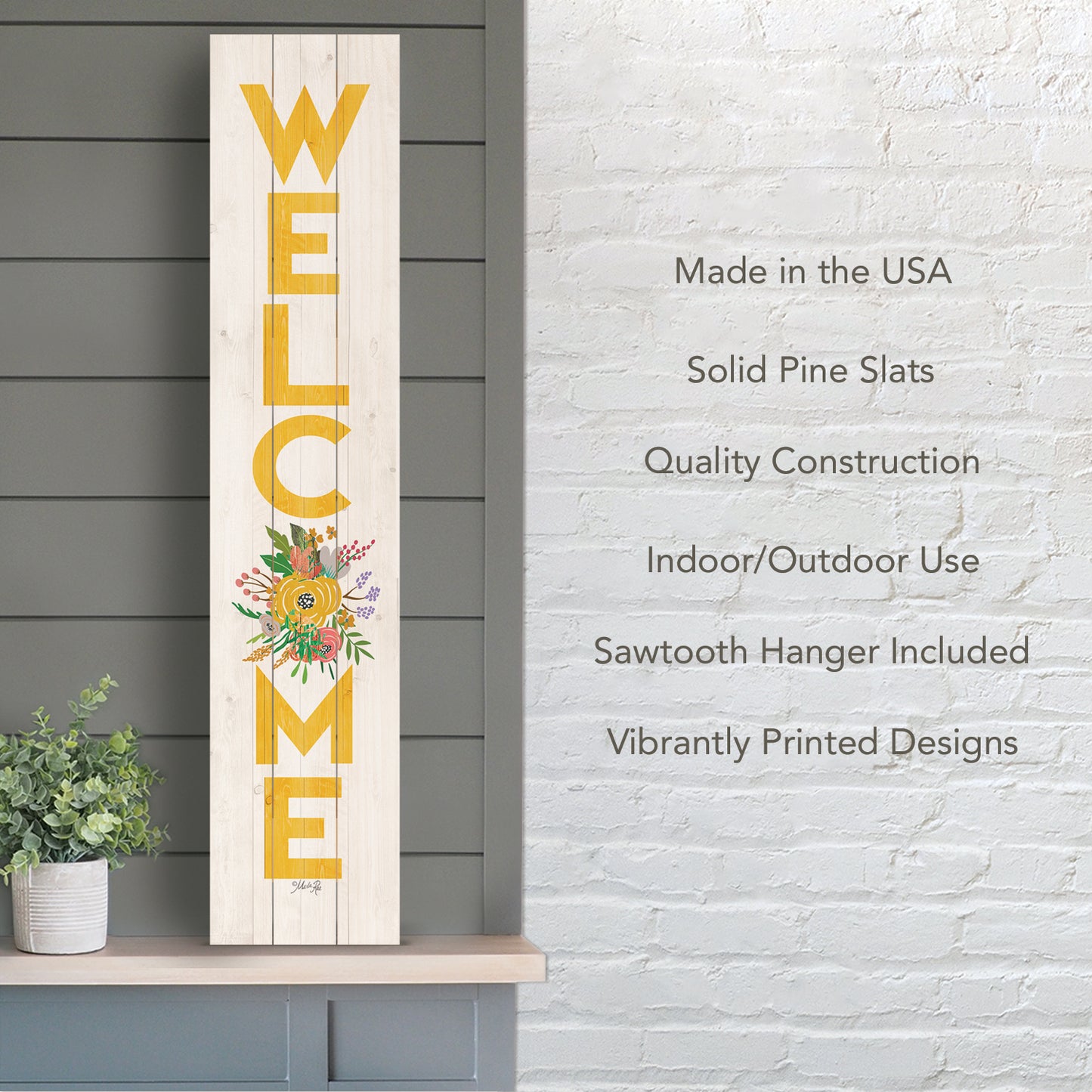 CounterArt "Floral Welcome" Vertical Decorative Indoor/Outdoor Pallet Wood Sign 36" by 7.5" Made in the USA