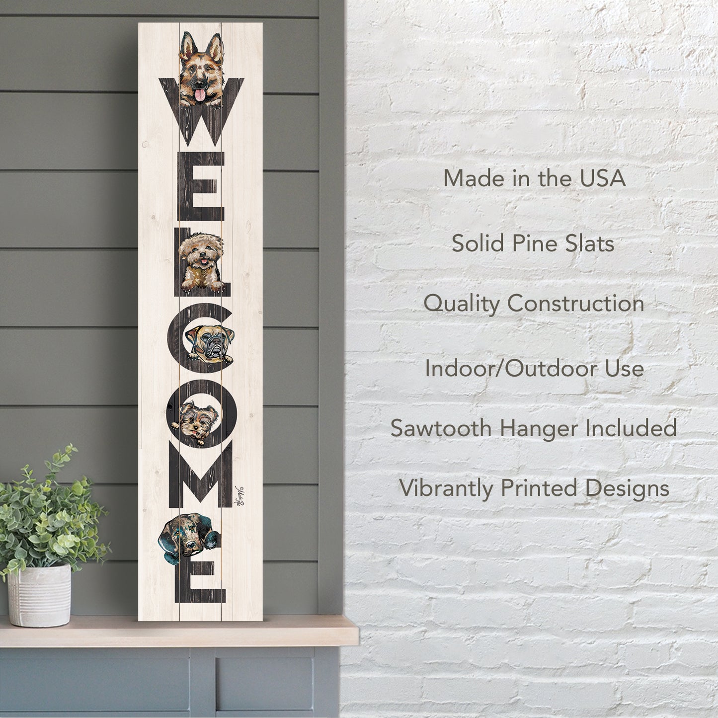 CounterArt "All Dogs Welcome" Vertical Decorative Indoor/Outdoor Pallet Wood Sign 36" by 7.5" Made in the USA