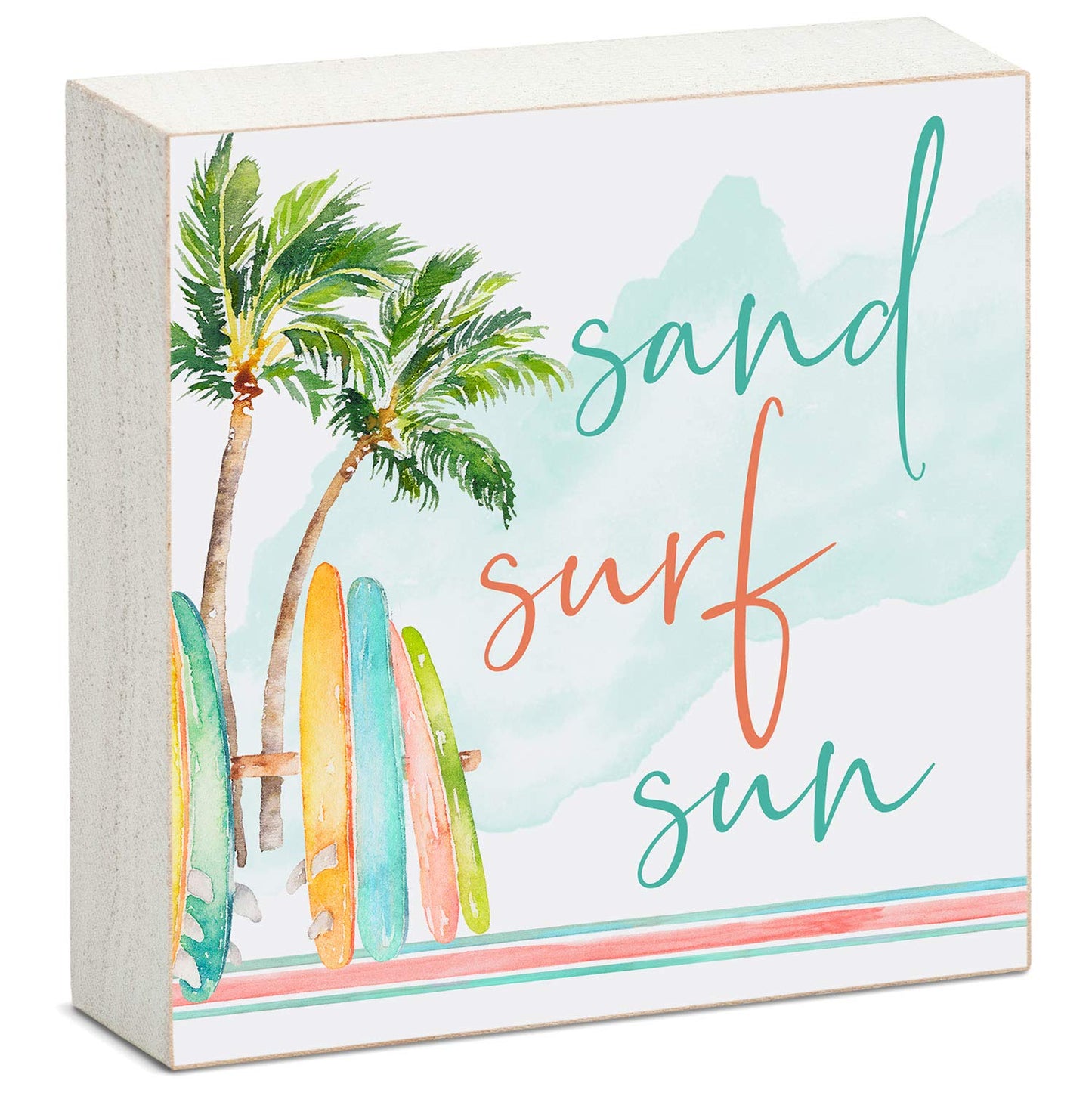 CounterArt "Sand Surf Sun" Artistic Freestanding Solid Wood Block Sign 3.75” by 3.75” Made in the USA