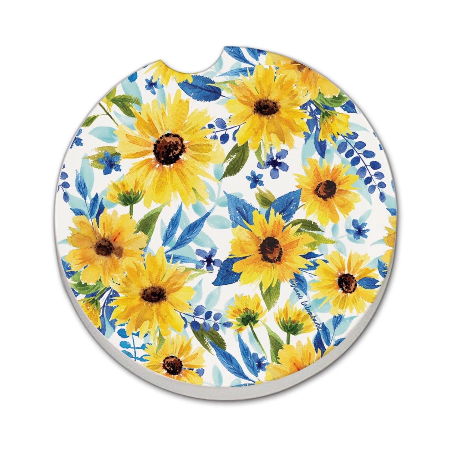 Thirstystone Sapphire Gold Sunflowers Single Absorbent Stone Coaster for Vehicle Cup Holder 2.6” Diameter Manufactured in The USA
