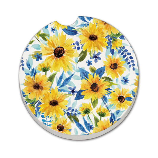 Thirstystone Sapphire Gold Sunflowers Single Absorbent Stone Coaster for Vehicle Cup Holder 2.6” Diameter Manufactured in The USA
