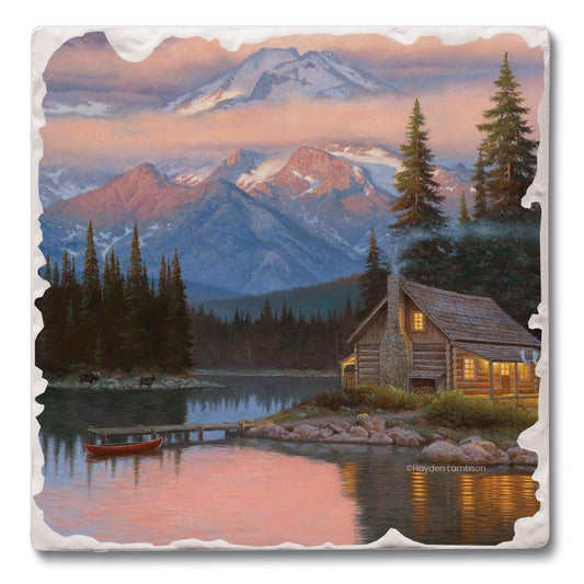 Thirstystone Tranquil Cabin Single Tumbled Tile Stone Coaster with Protective Cork Backing Manufactured in The USA 4" Square