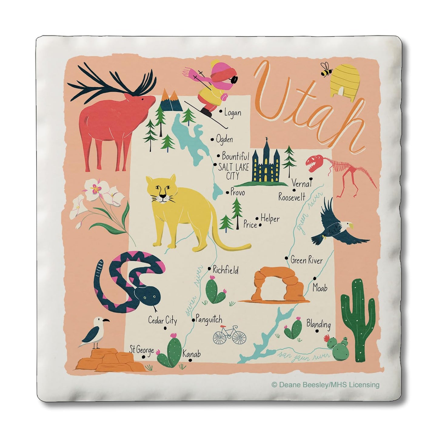 Thirstystone Utah Home State 4 Pack Tumbled Tile Stone Coasters 4" Square Manufactured in the USA