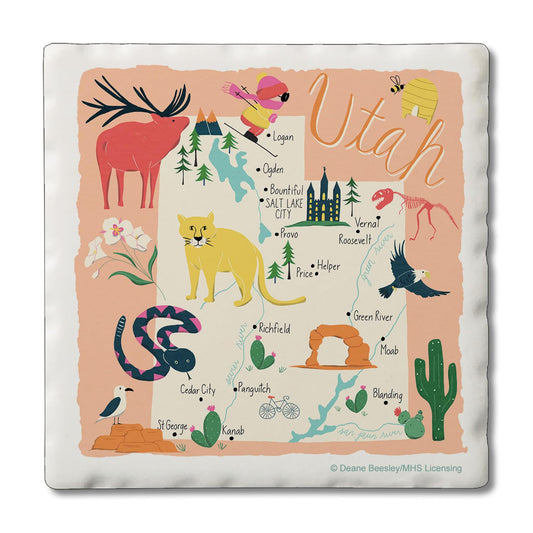 Thirstystone Utah Home State 4 Pack Tumbled Tile Stone Coasters 4" Square Manufactured in the USA