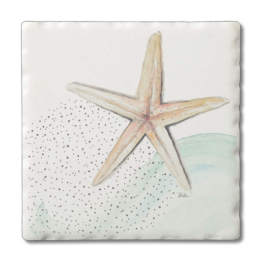 Thirstystone Starfish Single Tumbled Tile Stone Coaster with Protective Cork Backing Manufactured in The USA 4" Square, Colorful, Artistic, Easily Wipes Clean