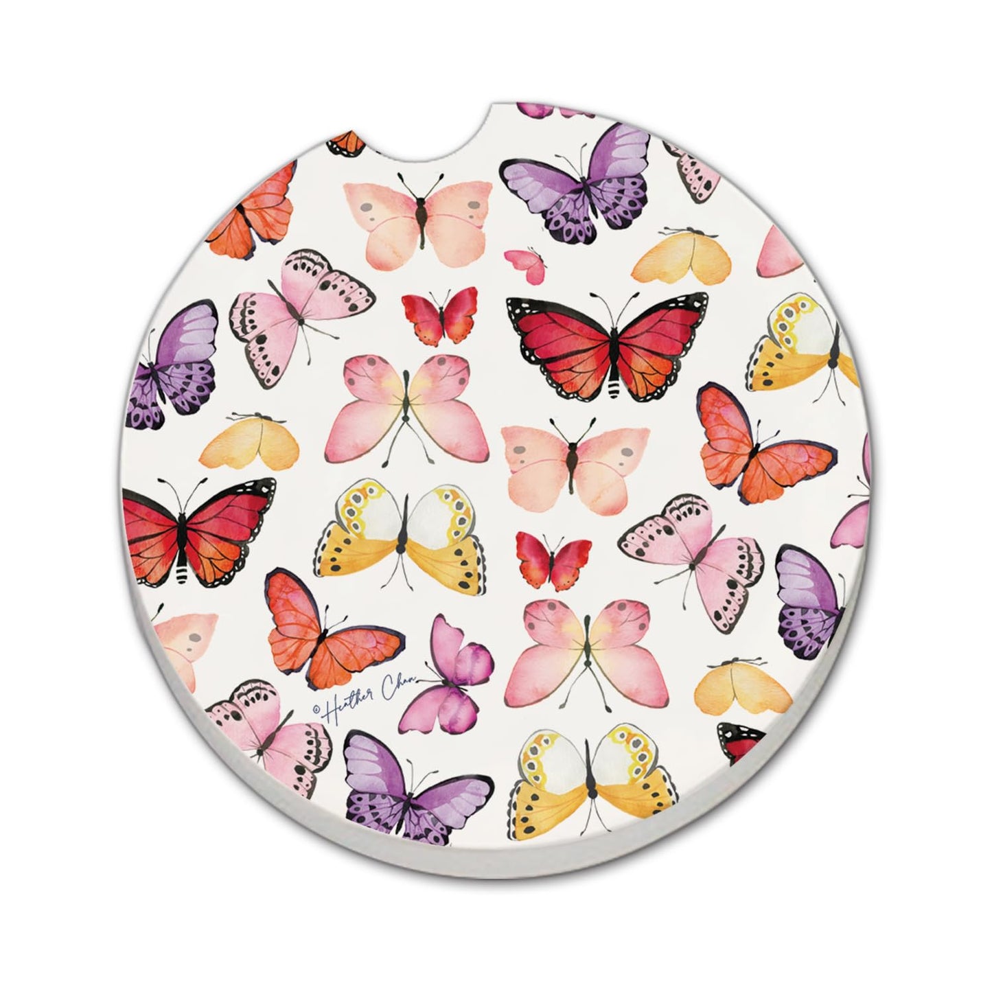 Thirstystone Watercolor Butterflies Single Absorbent Stone Coaster for Vehicle Cup Holder 2.6” Diameter Manufactured in The USA