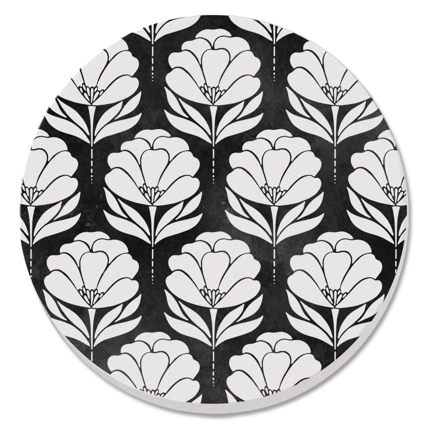 Thirstystone Black & White Floral Single Round Absorbent Stone Coaster with Protective Cork Backing Manufactured in The USA 4" Diameter