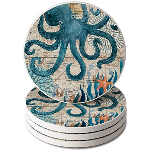 Thirstystone Monterey Bay Octopus 4 Pack Round Absorbent Stone Coasters 4" Diameter Manufactured in the USA