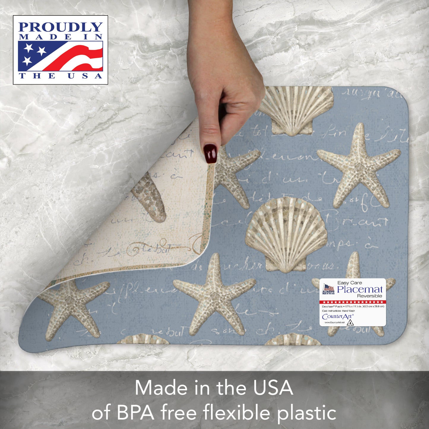 CounterArt Coastal Beauty 4 Pack Reversible Easy Care Flexible Placemats Made in the USA
