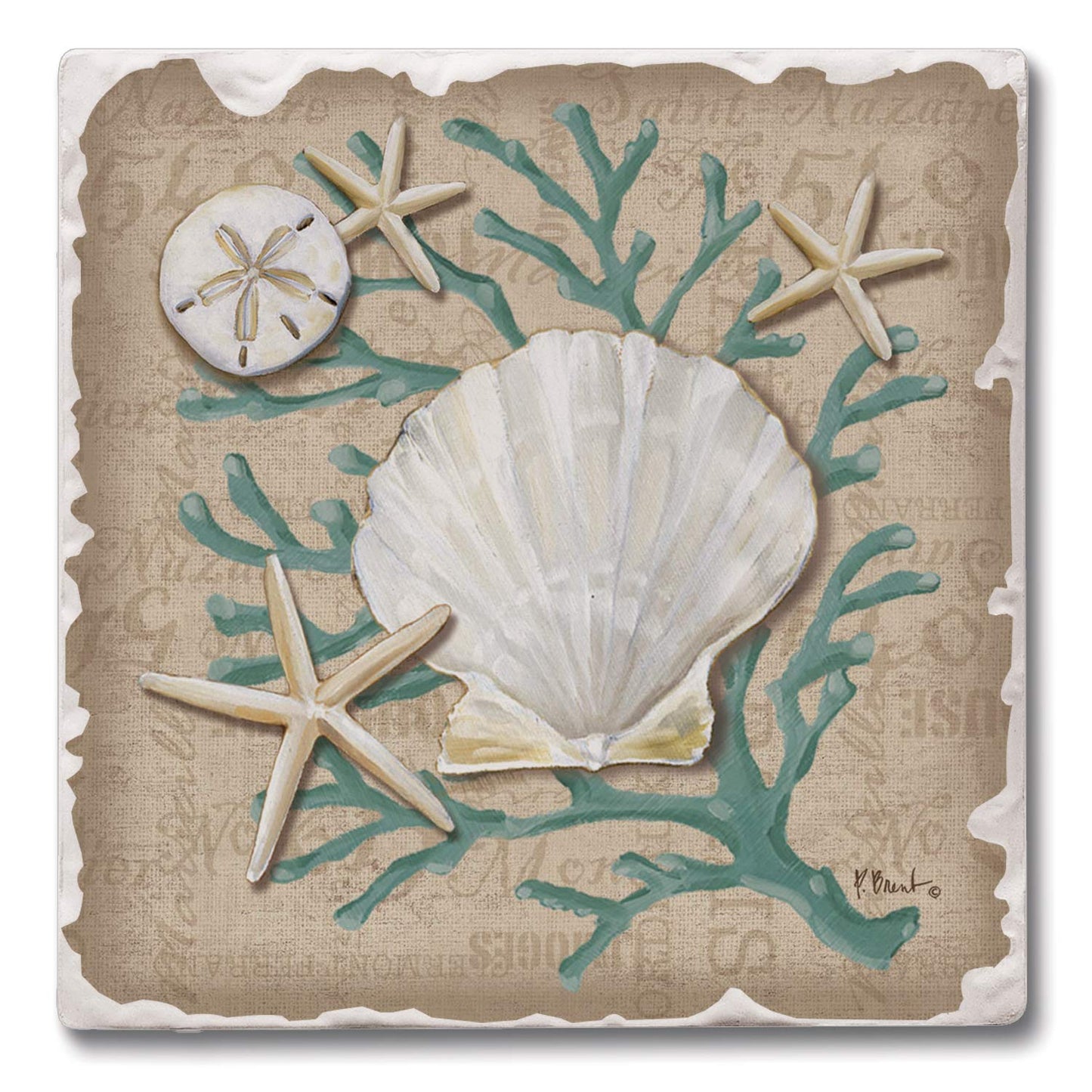 CounterArt Tumbled Tile Coasters, Linen Shells, Set of 4