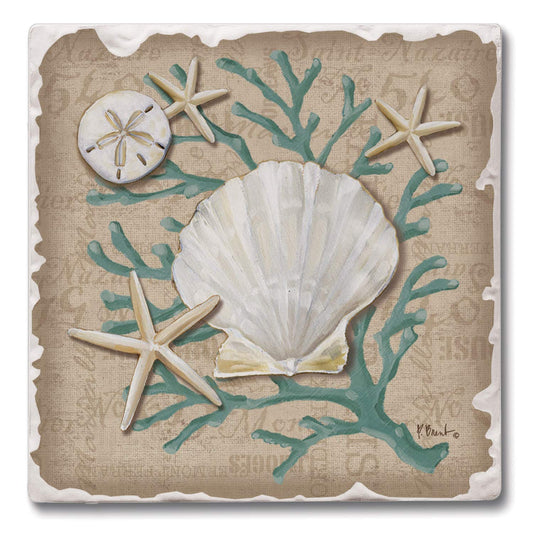 CounterArt Tumbled Tile Coasters, Linen Shells, Set of 4