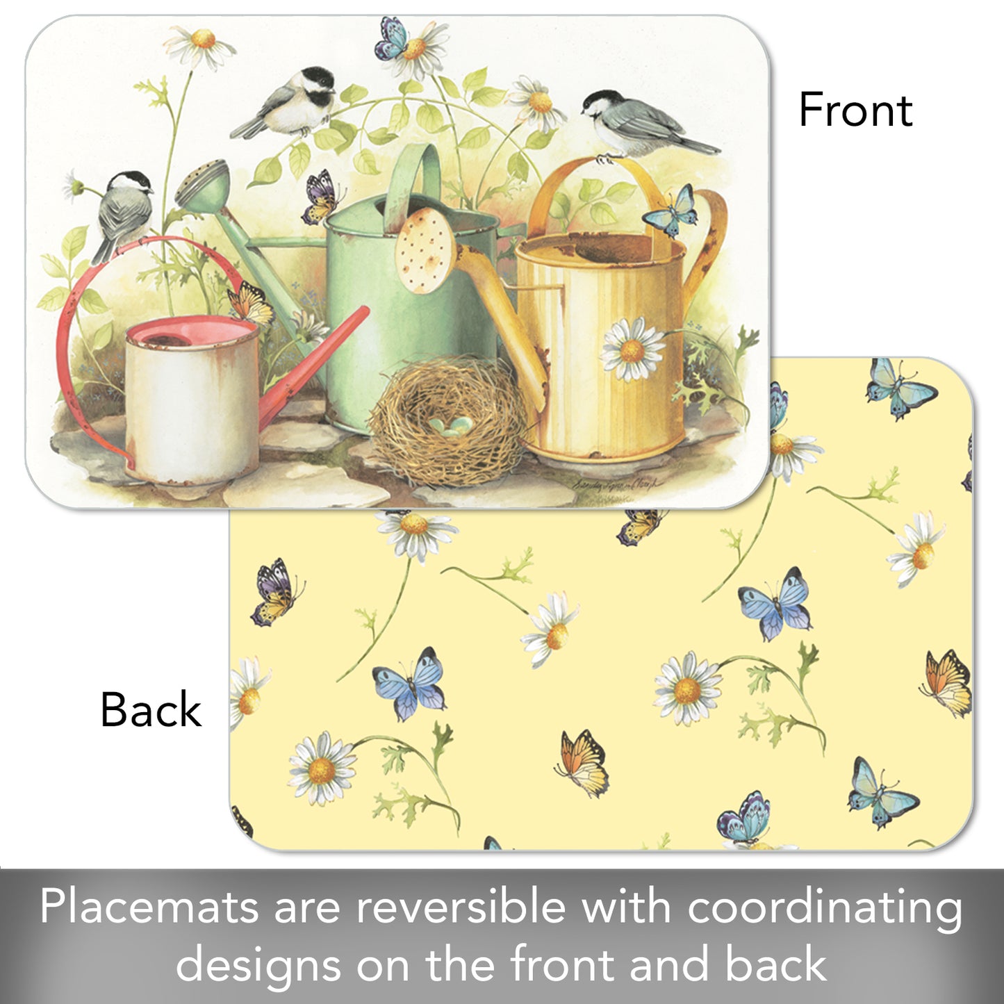 CounterArt Chickadees & Butterflies 4 Pack Reversible Easy Care Flexible Placemats Made in the USA