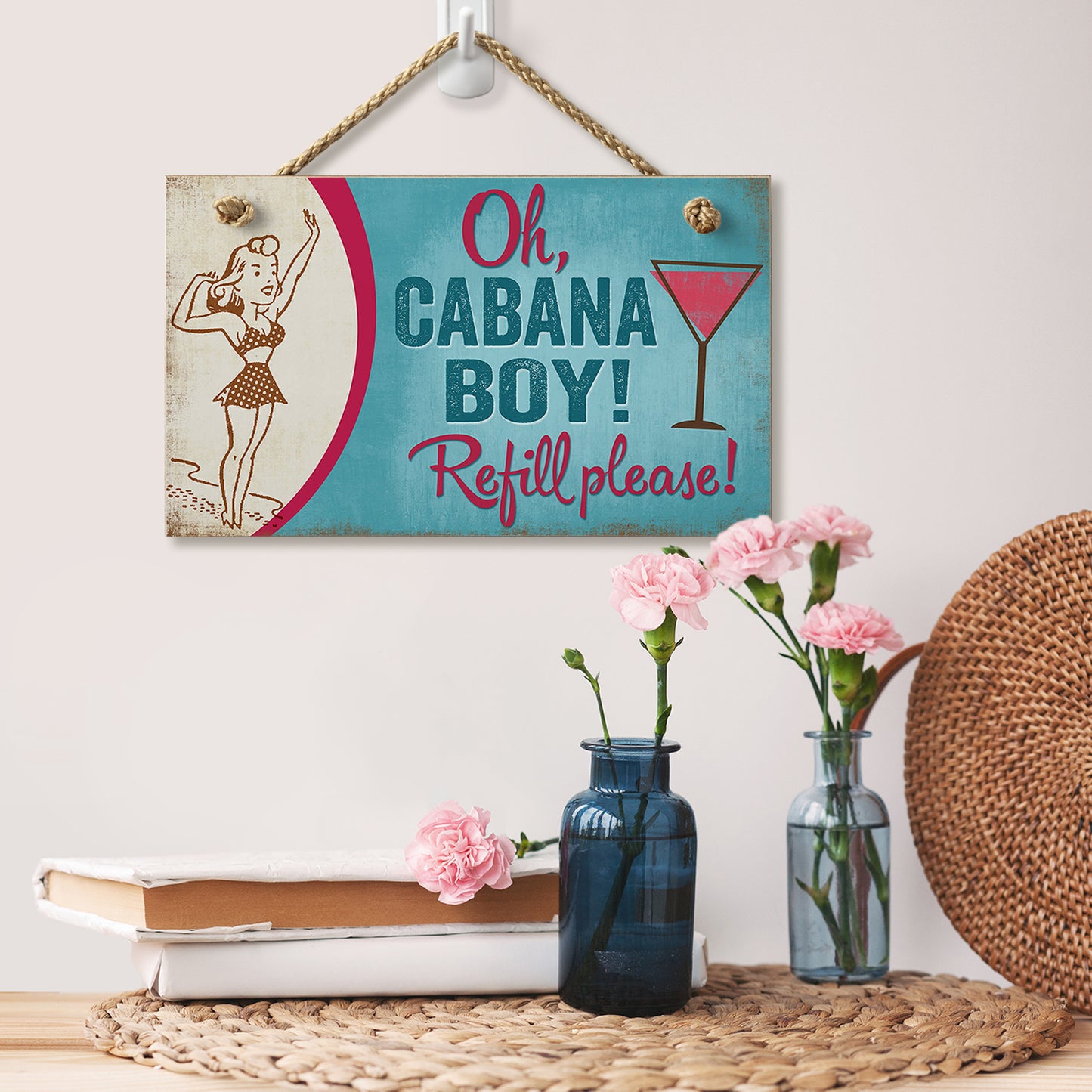 CounterArt Oh Cabana Boy Refill Please Decorative Hanging Wood Wall Sign 9.5" by 5.75" Made in the USA Features Braided Rope Hanger