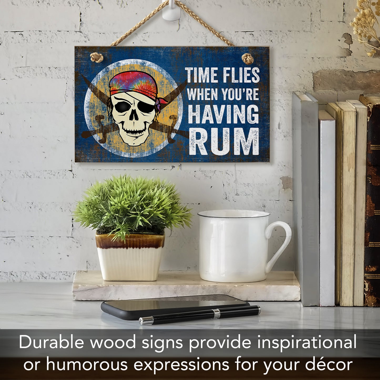 CounterArt Time Flies Decorative Hanging Wood Wall Sign 9.5” x 5.75” Made in the USA Features Braided Rope Hanger